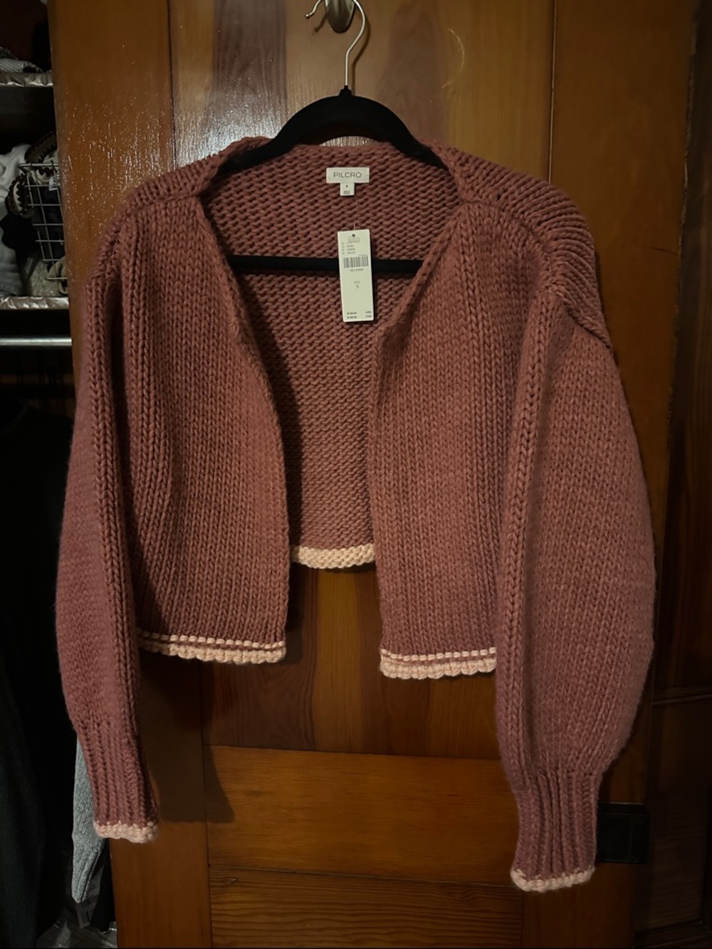 Pilcro Dusty Mauve Cropped Open-Front Cardigan with Cream Trim